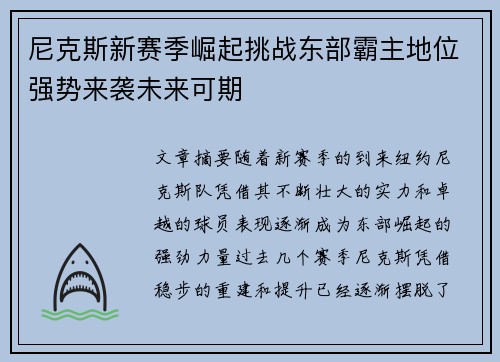 尼克斯新赛季崛起挑战东部霸主地位强势来袭未来可期
