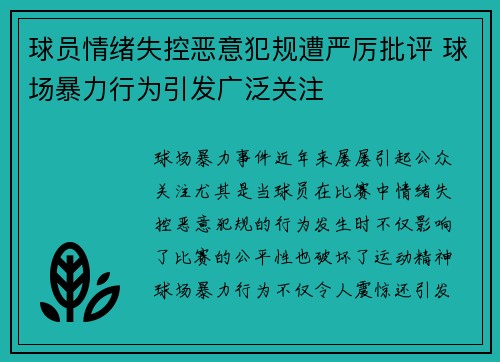球员情绪失控恶意犯规遭严厉批评 球场暴力行为引发广泛关注