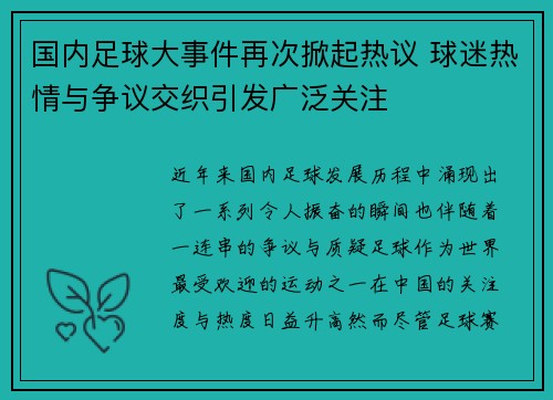 国内足球大事件再次掀起热议 球迷热情与争议交织引发广泛关注