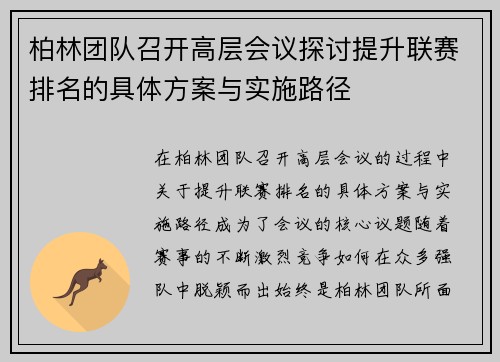 柏林团队召开高层会议探讨提升联赛排名的具体方案与实施路径