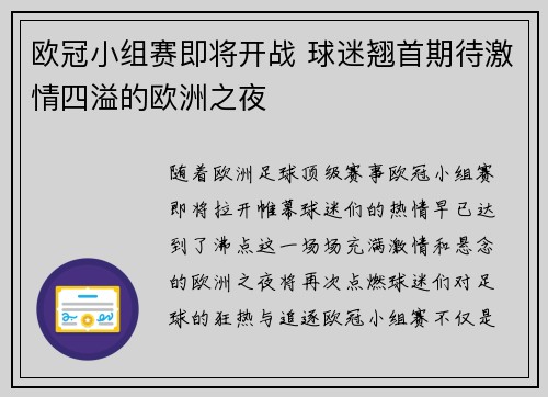 欧冠小组赛即将开战 球迷翘首期待激情四溢的欧洲之夜
