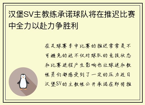 汉堡SV主教练承诺球队将在推迟比赛中全力以赴力争胜利
