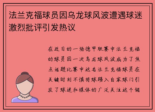 法兰克福球员因乌龙球风波遭遇球迷激烈批评引发热议