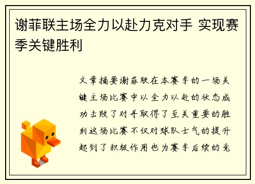 谢菲联主场全力以赴力克对手 实现赛季关键胜利